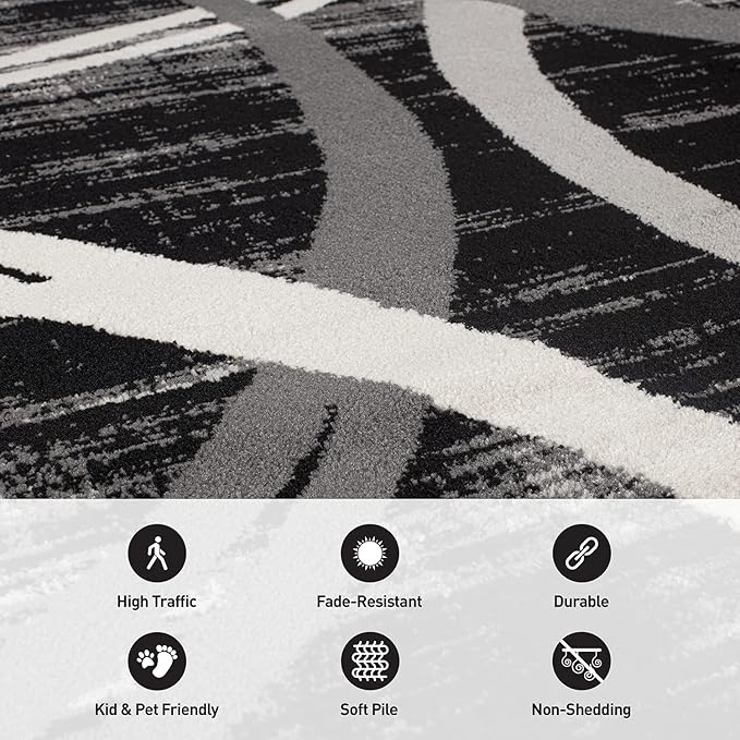 Rugshop Modern Wavy Circles Design Accent Rug, Carpet with Jute Backing for Entryway, Kitchen, or Pet Area, Black, 2' x 3'