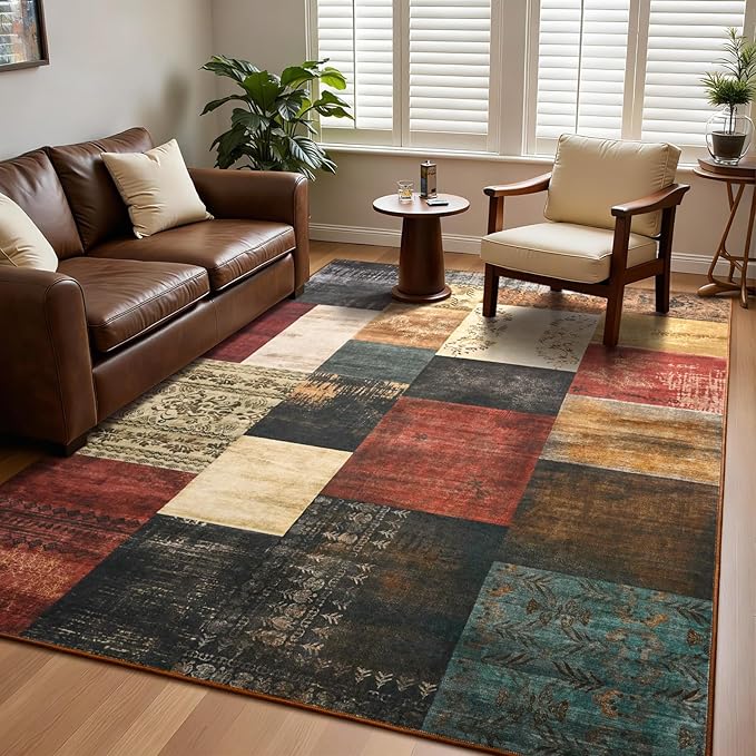 DweIke Large Modern Washable Area Rugs 8x10, Living Room Rug Non-Slip and Non-Shedding Large Rugs for Bedroom, Low Pile Indoor Rubber Backed Carpets for Dining Office Home Decor, Colorful