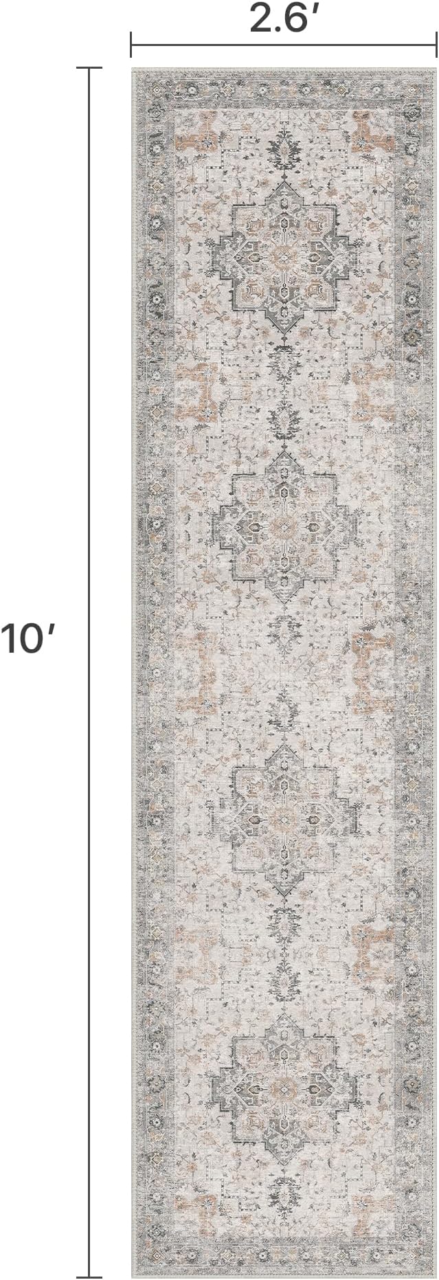 Runner Rug 2'6''x10, Non Slip Vintage Hallway Runner Rugs, Low Pile Lightweight Machine Washable Mat for Hallway, Entryway, Bedroom, Kitchen and Corridor, Light Taupe Brown