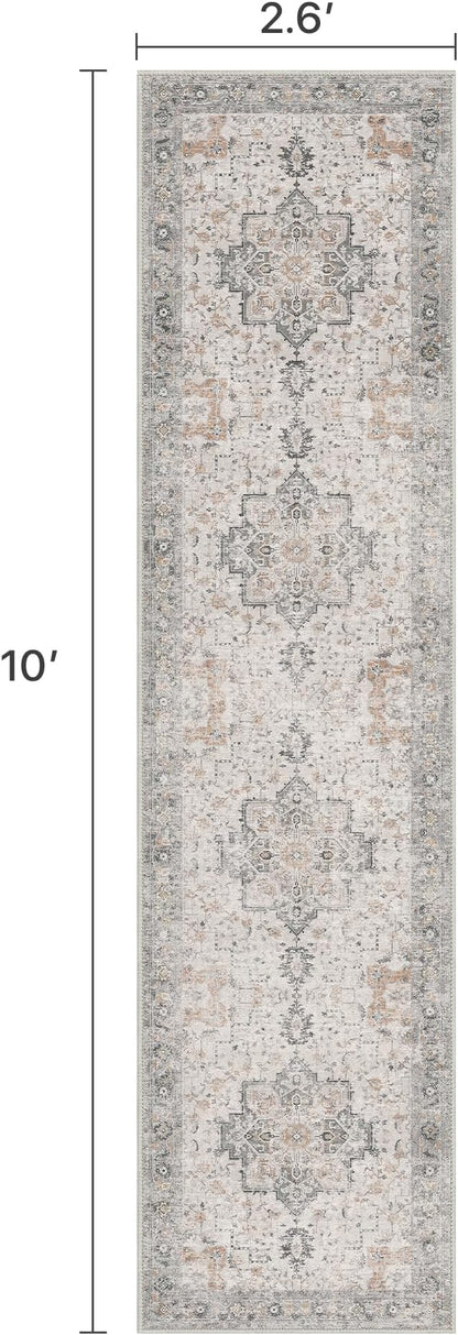 Runner Rug 2'6''x10, Non Slip Vintage Hallway Runner Rugs, Low Pile Lightweight Machine Washable Mat for Hallway, Entryway, Bedroom, Kitchen and Corridor, Light Taupe Brown