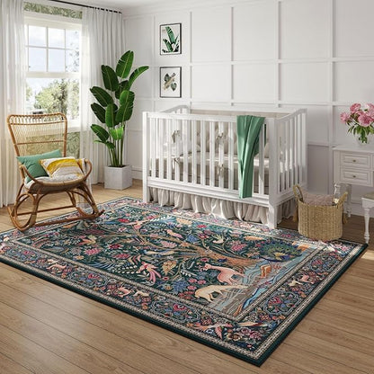 Rugcomf 3x5 Rug Vibrant Tree of Life-Patterned Vintage Non Slip Low Pile Small Carpet for Bedroom Bedside Kitchen Entryway Kids Room Office College Dorm Essentials for Girls, Green