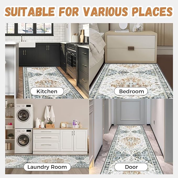 Boho Mandala Pattern 2x6ft Runner Rug Non Slip Washable Kitchen Runner Rug with Rubber Backing，Low-Pile Soft Washable Runner Rugs for Hallway Entryway Kitchen Bedroom Living Room Bathroom