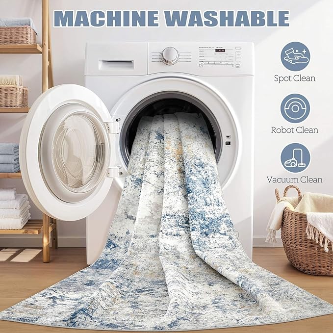 Area Rug Living Room Rugs - 9x12 Abstract Large Soft Indoor Washable Rug Neutral Modern Low Pile Carpet for Bedroom Dining Room Farmhouse Home Office - Blue