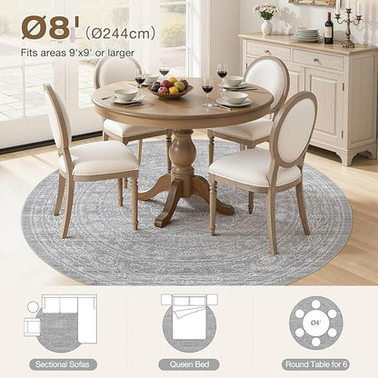 8ft Round Rug Living Room: Washable Large Vintage Rug Neutral Non-Slip Soft Stain Resistant Indoor Carpet for Bedroom Nursery Dining Room Under Table Bed Home House Office Playroom - Grey