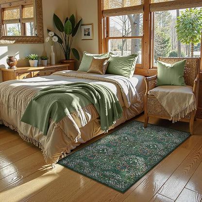 Lahome Floral Entryway Rug, 2x3 Kitchen Rugs Non Slip Washable Boho Green Forest Design, Soft Door Mat Indoor Entrance, Ultra-Thin Easy Clean Small Throw Carpet for Bedroom Bathroom, Dark Green