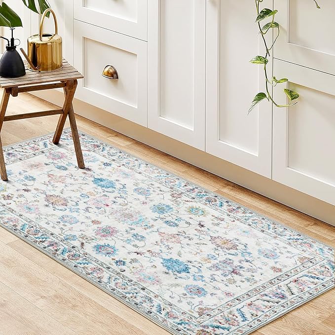 COMSLE Washable Door Mat, Front Door Mat Indoor Faux Wool Absorbent Small Rugs for Entryway Distressed Throw Rug Non-Slip Accent Floor Carpet for Entrance Bedroom, 24X48 Inches Pink Floral