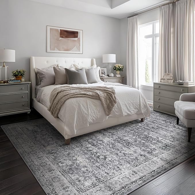 Vintage Grey 8x10 Area Rugs for Living Room, Retro Gray Neutral Rug for Bedroom Dining Room, Low Pile Thin Washable Non Slip Room Rug for Home Office Family Room