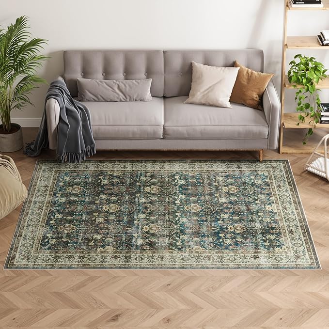 Dripex Vintage 5x7 Area Rugs - Large Washable Area Rug for Living Room Bedroom Oriental Medallion Floral Print Floor Carpet Low-Pile Indoor Soft Non-Slip Accent Rug Farmhouse Home Office Decor