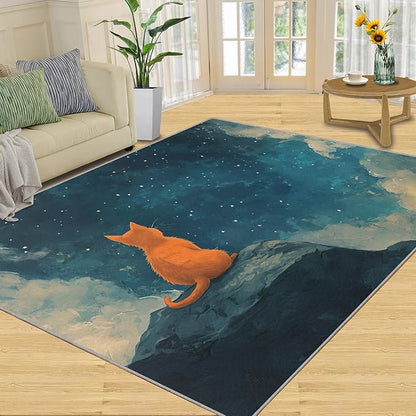 Orange Cat Rugs for Bedroom - 5x7 Area Rug - Cartoon Starry Sky Rugs for Living Room, 3D Cute Cat Rug, Non-Slip Washable Home Decor Carpet