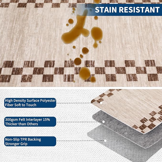 GarveeHome 10x13 Area Rug Large Living Room Scalloped Rug Non Slip Low Pile Bedroom Throw Carpet Soft Modern Bordered Dining Room Rug Stain Resistant Boho Carpet for Home Office, Beige