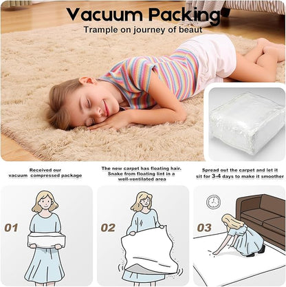 2x3 Light Tan Rugs for Bedroom Living Room, Fluffy Small Area Rug Soft Shag Carpet for Kids Boys and Girls Room with 4 Rugs Non-Slip Stickers Dorm Home Decor (2ft x 3ft)