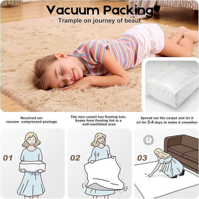 4x6 Light Tan Rugs for Bedroom Living Room, Fluffy Small Area Rug Soft Shag Carpet for Kids Boys and Girls Room with 4 Rugs Non-Slip Stickers Dorm Home Decor (4ft x 6ft)