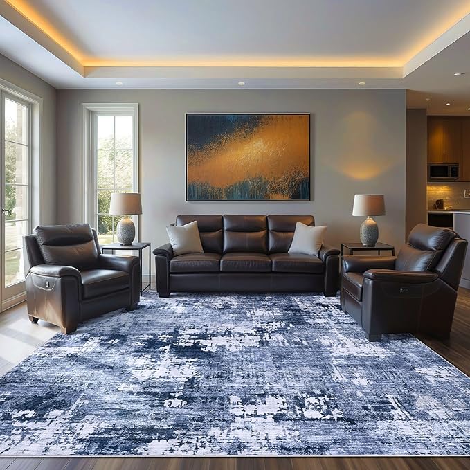 Area Rug Living Room Rugs - 10x14 Washable Large Soft Indoor Neutral Modern Abstract Low Pile Rug Carpet for Bedroom Dining Room Farmhouse Home Office - Navy Blue