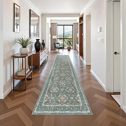 WITSHOCK Washable 3x12 Long Runners Rugs for Hallways,Vintage Neutral Hallway Rugs for Entryway Kitchen Bedroom,Vintage Farmhouse Home Decor(Teal Blue,3x12)