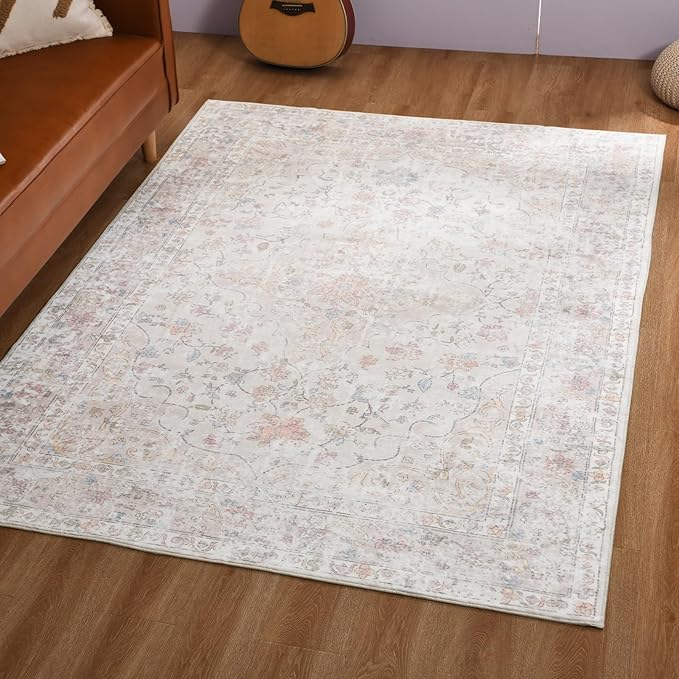 Area Rug – 6x9 Washable Ultra-Soft Vintage Boho Faux Wool Carpet for Living Room, Dining Room, Bedroom, Home Office (Beige)