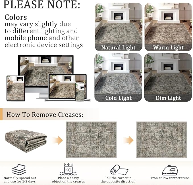 4x6 Machine Washable Area Rug for Living Room, Grey Rusty Boho Vintage Floral Rug Large Non-Slip Low Pile Soft Faux Wool Carpet, Kids and Pets Friendly for Bedroom Dining Room Farmhouse Decor Rug