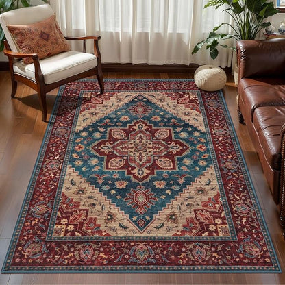Tangsoo Oriental Red Rug 4x6 Washable Vintage Rugs Non Slip Indoor, Distressed Carpet for Living Room, Dining Room, Soft Low Pile Rugs Boho Foldable Floor for Bedroom Dorm Bedside Bathroom