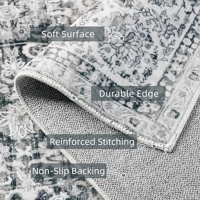 Washable Non-Slip Cream Rug - 3x8 Kitchen Runner with Non-Shedding, Boho Distressed Carpet for Hallways & Bedroom Vintage Grey