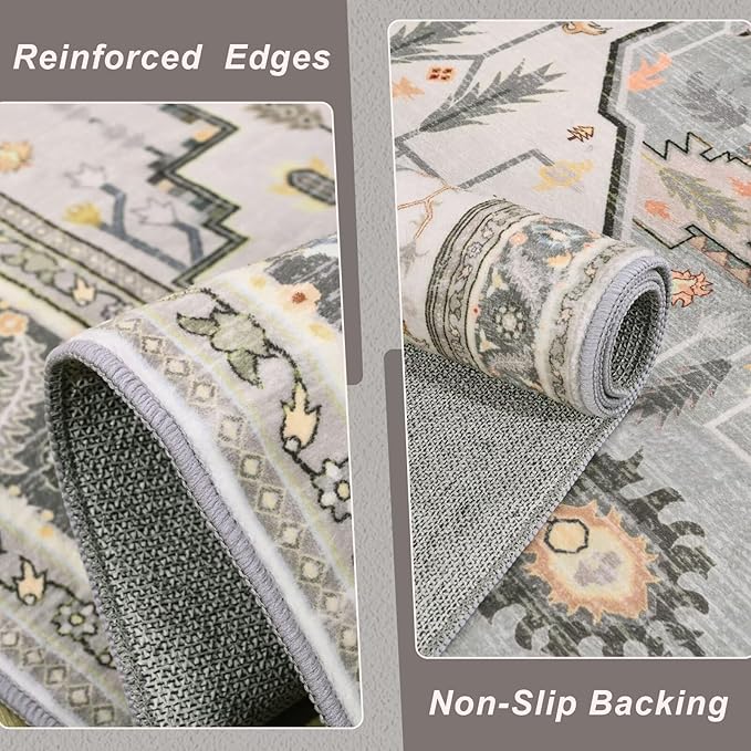 5x7 Grey Beige Area Rug for Living Room, Machine Washable Rugs with Non-Slip Backing for Bedroom, Vintage Medallion Carpet Dining Room Office Kids Room Decor