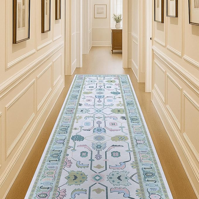 Fame Living Cream Green Oushak Runner Rug, Modern Runners, Turkish, Eclectic, Floral, Pastel, Washable, Small Rugs, Short Runner for Hallway, Entryway, Laundry, Foyer, Kitchen, Bathroom, 2'5"x6'5"