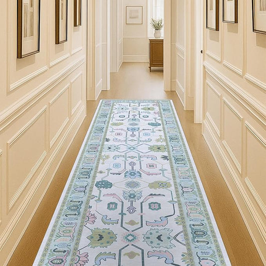 Fame Living Cream Green Oushak Rug, Modern Rugs, Vintage, Turkish, Eclectic, Floral, Pastel, Washable, Small Throw, Accent Area Rug for Living Room, Bedroom, Kitchen, Bathroom, 2'5"x4'9