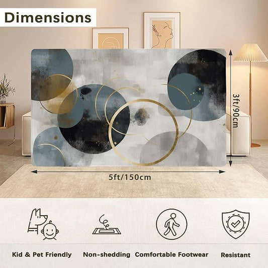 Blue Gray Modern Rug for Living Room 3x5, Low Pile Non-Slip Backing, Machine Washable Easy Fold Rug for Home, Office, Dorm Room