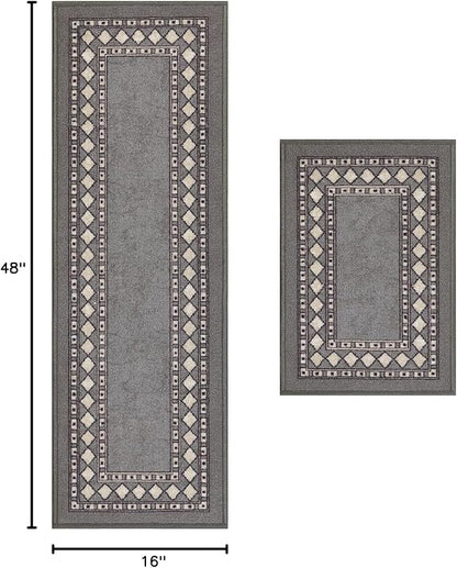 Antep Rugs Alfombras Modern Bordered 2pc Non-Skid (Non-Slip) Low Profile Pile Rubber Backing Indoor Kitchen Runner Rugs (Gray, 2pc Set)