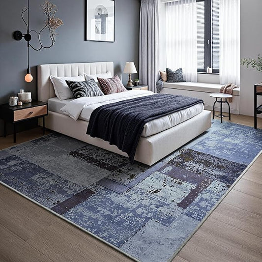 LOCHAS Rug for Living Room, Washable Soft Area Rugs for Bedroom 8x10, Abstract Carpet for Indoor Office Kids Dining Room Nursery Floor, Blue Geometric Vintage Home Decor, Non Slip, Pet Child Friendly
