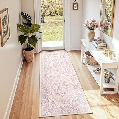 Area Rugs 2'x6' Washable Non-Slip, Floral Vintage Distress Print Pattern Medallion Carpet for Living Room Bedroom Dining Room, Pink Greypink Cute