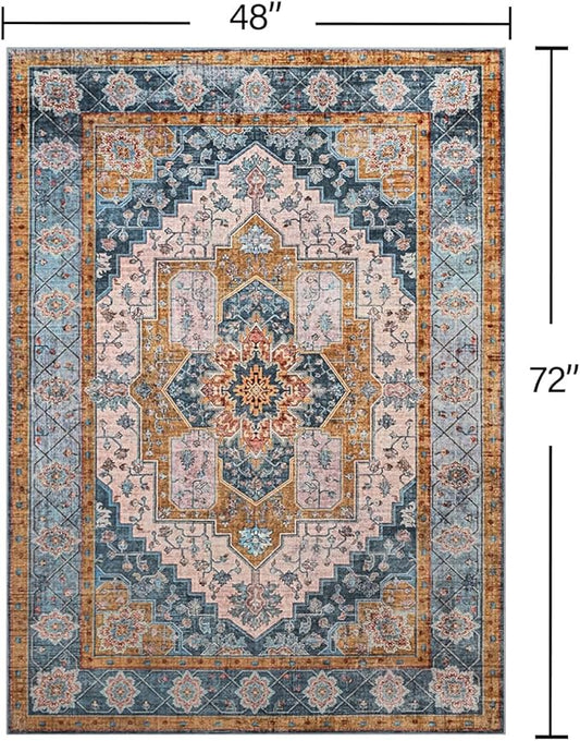 YJ.GWL Area Rugs for Living Room 4x6 Machine Washable Rugs for Bedroom, Non Slip Floral Vintage Rug Indoor Carpet, Stain Resistant Throw Rug for Dining Room Kitchen, Brown Blue
