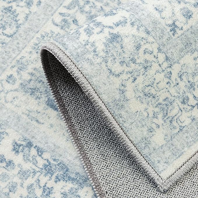 Blue Area Rug 8x10 Machine Washable Large Vintage Living Room Distressed Non Slip Carpet Traditional Indoor Bedroom Retro Floral Accent Throw Rug for Office Kitchen Dining Room