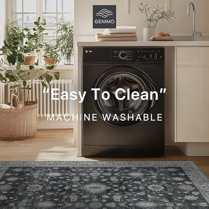 GENIMO Machine Washable 9x12 Area Rugs for Living Room, Non Slip Vintage Rugs, Low Pile Lightweight Chenille Print Rug for Bedroom, Dining Room, Home Office, Charcoal