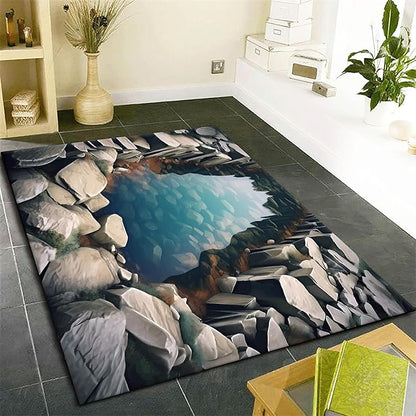 Visual Illusion Canyon Living Room Rug, 4x6ft, 3D Visual Effect Stream Indoor Throw Mat, Stone Crack Ultra Soft Home Decor Carpet, Thin Low Pile Machine Washable Rugs for Entrance