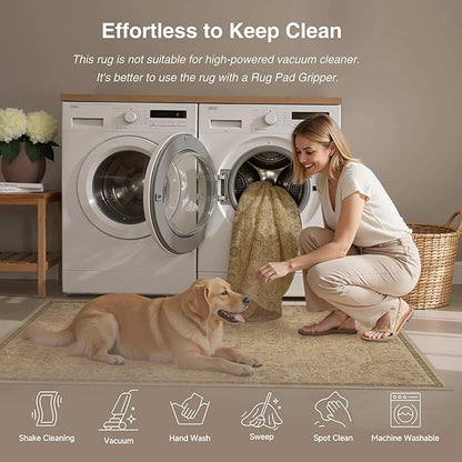 HUGEAR 2x3 Machine Washable Entryway Rugs Vintage Brown - Neutral Non Slip Stain Resistant Low Pile Aesthetic Throw Carpet Kids & Pet Friendly for Hallway Bedroom Kitchen