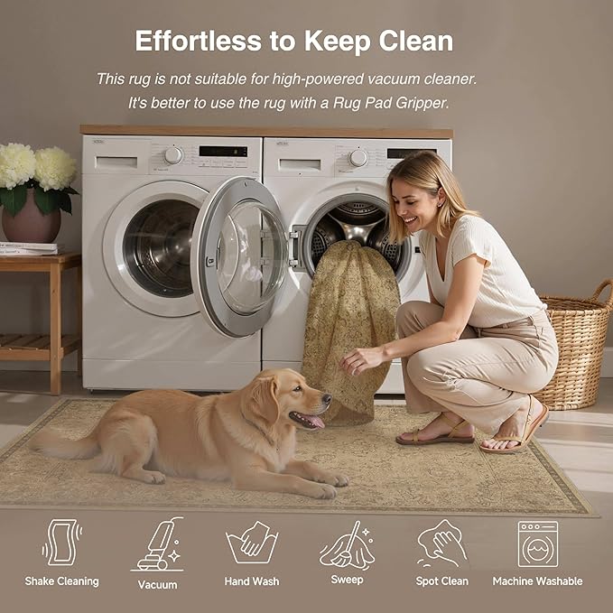 HUGEAR 2x6 Machine Washable Hallway Runner Rugs Vintage Brown - Neutral Non Slip Stain Resistant Low Pile Aesthetic Throw Carpet Kids & Pet Friendly for Bedroom Kitchen