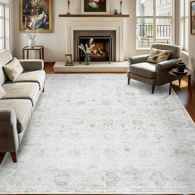 Washable 6×9 Area Rugs for Living Room, Vintage Floral Rug Soft Non Slip Stain Resistant Boho Carpet for Bedroom Dinning Room Kitchen Home Office 02 Beige
