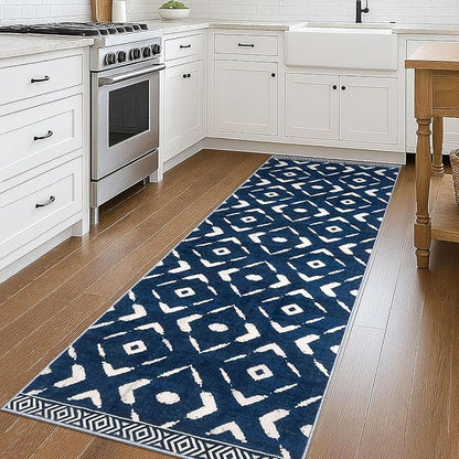KILOCOCO Hallway Runner Rug 2.6'x8' Runners for Hallways Washable Runner Soft Non Slip Printed Geometric Low-Pile Rugs Runners for Bedroom Kitchen Living Room Boho Rugs, Blue