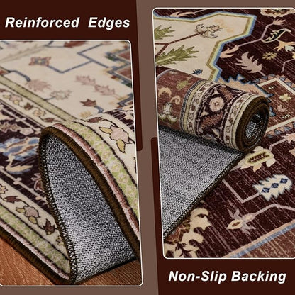6x9 Mousse Brown Area Rug for Living Room, Machine Washable Rugs with Non-Slip Backing for Bedroom, Vintage Medallion Carpet Dining Room Office Kids Room Decor