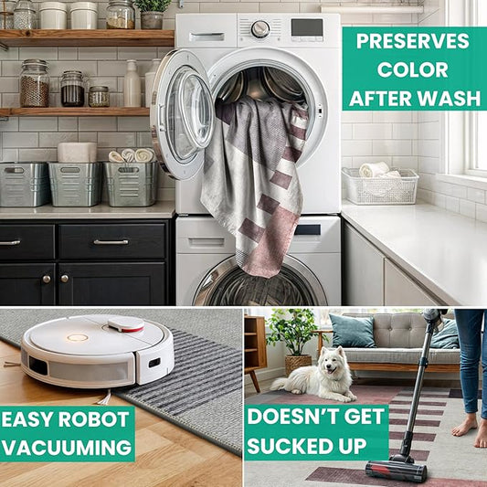 Bloom Rugs Washable Non-Slip 12 ft Runner - Beige/Pink Modern Geometric Runner for Entryway, Hallway, Bathroom, and Kitchen - Exact Size: 2.5' x 12'