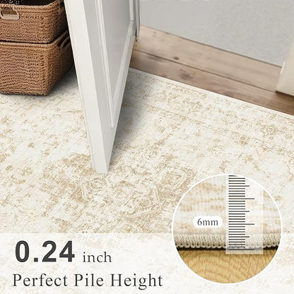 2x6 Hallway Washable Runner Rug Vintage Non-Slip Soft Kitchen Mat Boho Medallion Distressed Farmhouse Carpet Floral Low Pile Indoor Throw Rug for Entryway Bathroom Living Room Bedroom, Beige