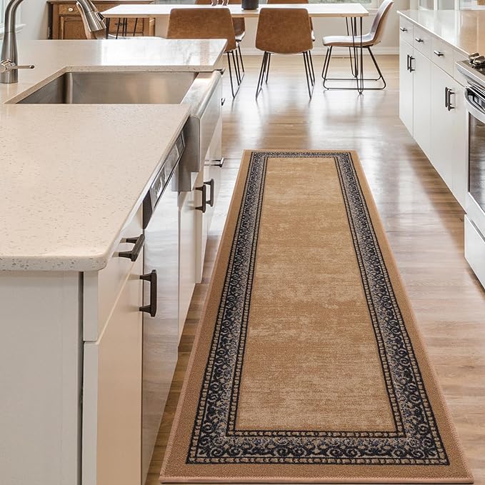Antep Rugs Alfombras Bordered Modern 2x7 Non-Slip (Non-Skid) Low Pile Rubber Backing Indoor Area Runner Rug (Gold Brown, 2' x 7')