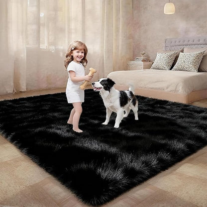 5x7 Solid Fluffy Black Area Rug – Washable, Durable,Large Living Room Rug, Non-Slip High Pile Shag Rugs for Bedroom, Bedside, Dorms, Nursery Rooms, Kids Room, Soft Indoor Floor Carpet Decor