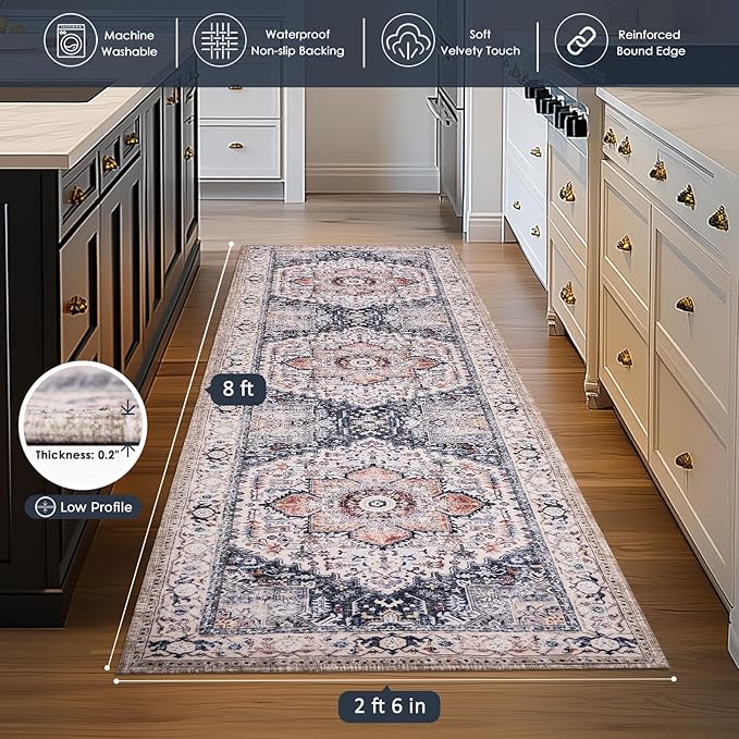 PURRUGS Vintage Farmhouse Boho Runner Rug 2'6" x 8', Non-Slip Machine Washable Rug, Accent Area Rug for Kitchen, Hallway, Entryway, Bedroom, Living Room and Dining Room, Coral Red/Marine Blue