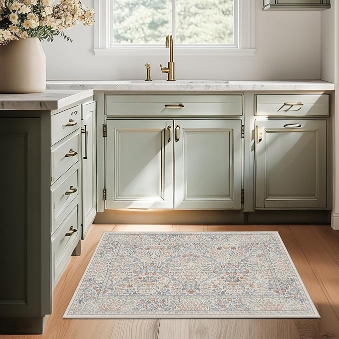 2x3 Floral Washable Area Rugs for Living Room, Vintage Boho Large Rug for Bedroom Dining Room， Distressed Botanical Birds Non Slip Low Pile Forest Animal Throw Carpet for Farmhouse Office, Beige Blue