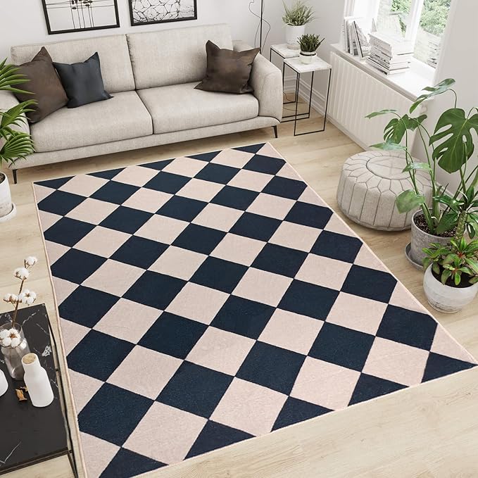 Black Checkered Rug 3x5 Indoor Washable Non-Slip Rug Modern Diamond Soft Low Pile Kitchen Rugs,Neutral Farmhouse Throw Carpet for Nursery Bathroom Room Dorm