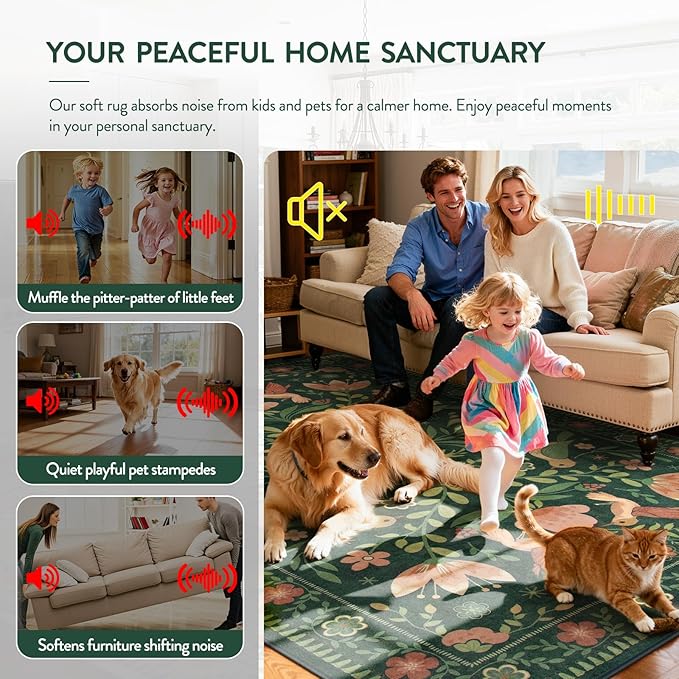 Moynesa Living Room Rug 5x7, Washable Modern Cottage Green Area Rugs for Bedroom Dining Room, Farmhouse Aesthetic Floral Bird Print Carpet, Vintage Home Decor Open Floor Areas Non-Slip Protection