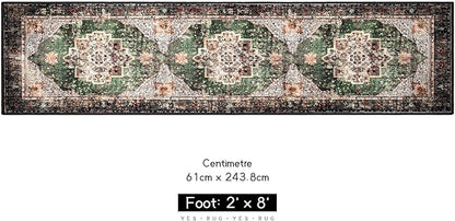 2x8 Runner Rug Green Boho Area Rugs for Hallway Indoor Laundry Room Bathroom Lightweight Non Slip Vintage Rug Washable Retro Distressed Carpet
