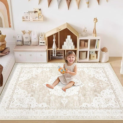 Area Rug 2x3 Entryway Rugs - Machine Washable Vintage Boho Area Rug Non-Slip Kitchen Rugs Soft Stain Resistant Indoor Door Mat, Small Oriental Throw Rug for Entrance Hallway Bedroom(Boho Beige, 2'x3')