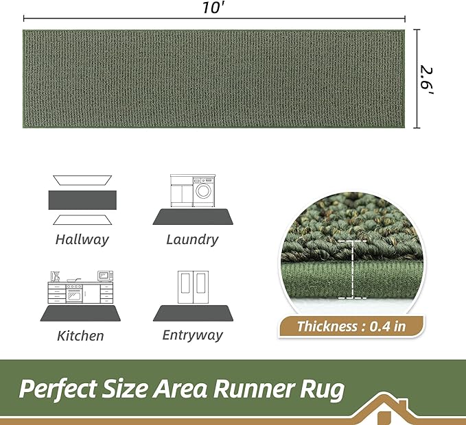 BEQHAUSE Hallway Runner Rugs 2.6x10, Hallway Rug Non-Slip Washable(Rolled-Up NO Creases), Runner Rug Absorbent Stain Resistant Hall Rug Carpet Runner, Entryway Rugs Floor Mat Laundry Room Rugs, Green