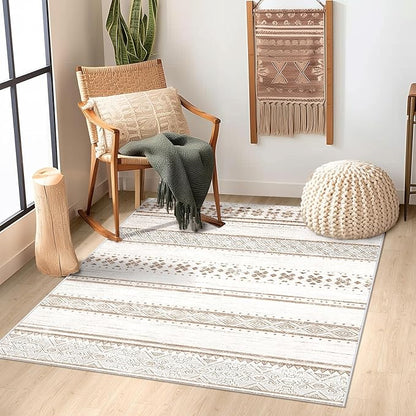 BESTSWEETIE 3x5 Area Rugs for Living Room Washable Moroccan Farmhouse Neutral Geometric Low Pile Non-Slip Soft Print Pattern Rug for Bedroom Kitchen Dining Room Entryway Cream/Brown/Pink